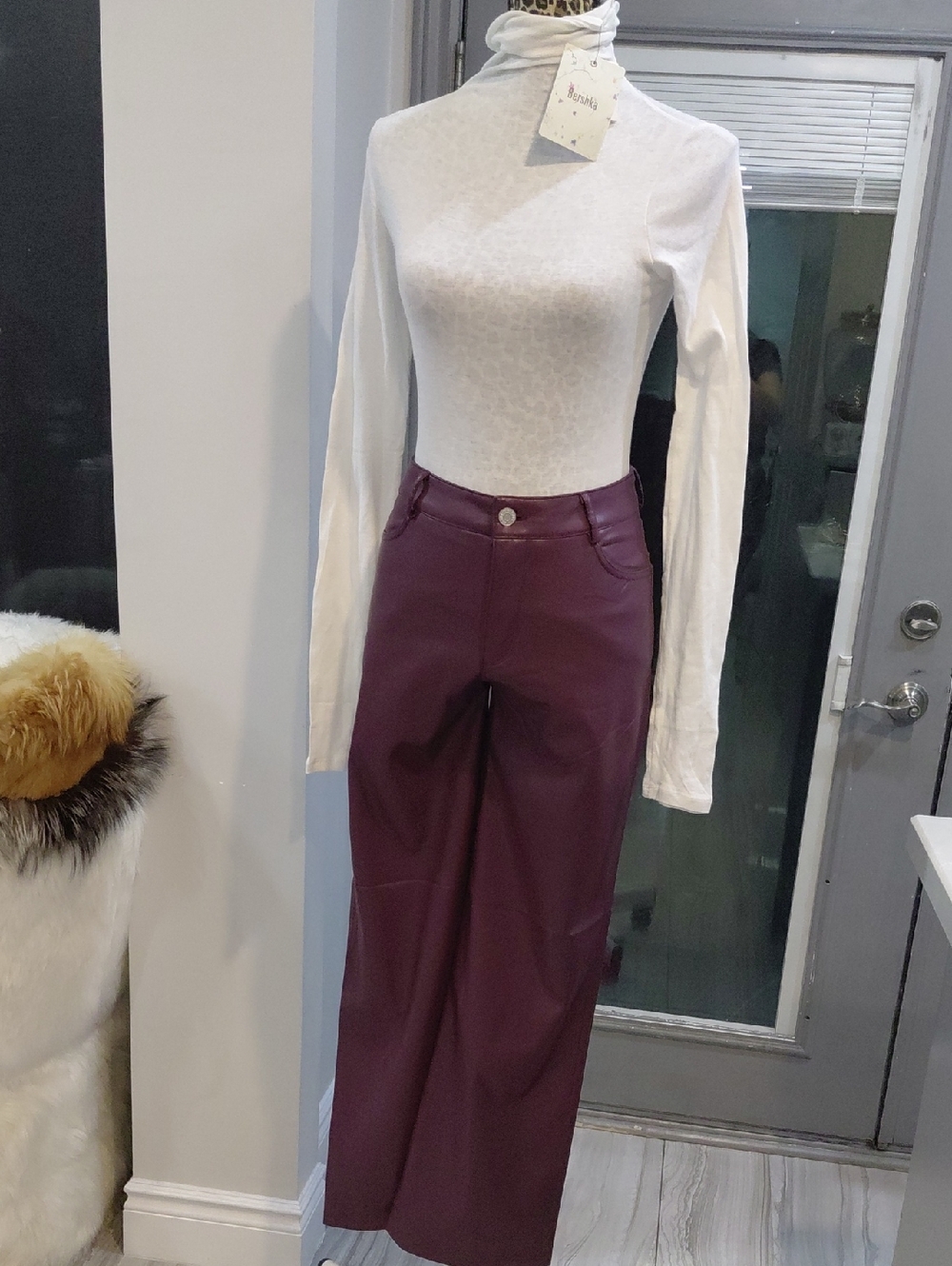 Bundle White Top With Garage Faux Leather High-Waist Pants in Deep Plum